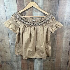 Old Navy Small Tan Smocked Peasant Top Embroidered Boho Cotton Blouse Brown